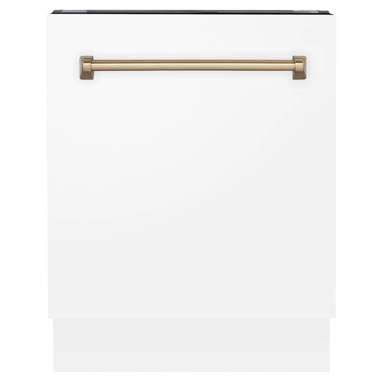 ZLINE Autograph Series 24 inch Tall Dishwasher in White Matte with Champagne Bronze Handle