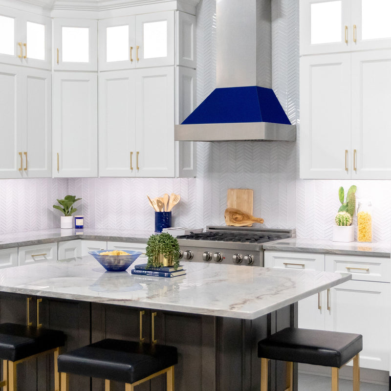 ZLINE Ducted Fingerprint Resistant Stainless Steel Range Hood with Blue Gloss Shell (8654BG)