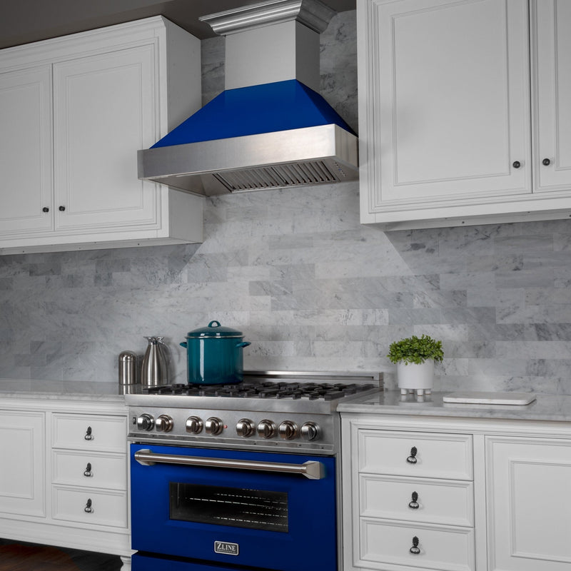 ZLINE Ducted Fingerprint Resistant Stainless Steel Range Hood with Blue Gloss Shell (8654BG)