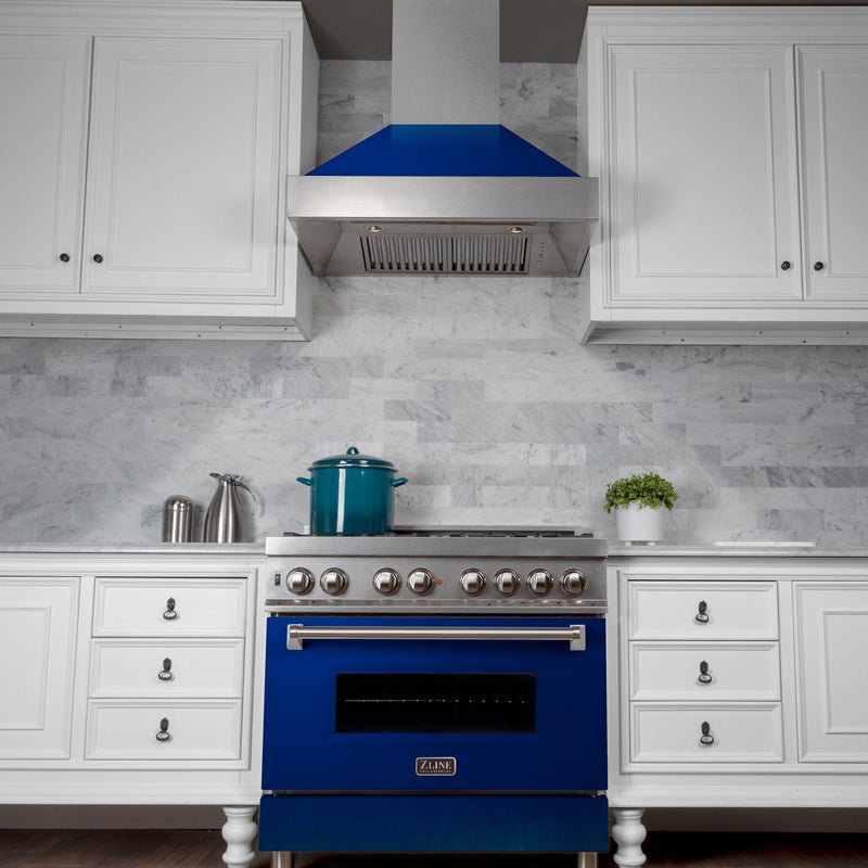 ZLINE Ducted Fingerprint Resistant Stainless Steel Range Hood with Blue Gloss Shell (8654BG)