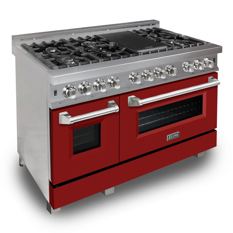 ZLINE 48 in. Kitchen Package with DuraSnow Stainless Steel Dual Fuel Range with Red Matte Door and Convertible Vent Range Hood (2KP-RASRMRH48)