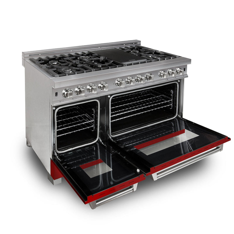 ZLINE 48 in. Kitchen Package with DuraSnow Stainless Steel Dual Fuel Range with Red Matte Door and Convertible Vent Range Hood (2KP-RASRMRH48)