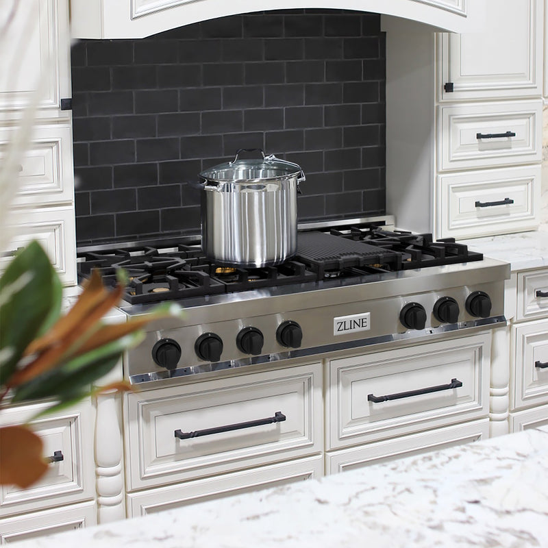 ZLINE Autograph Edition 48 in. Porcelain Rangetop with 7 Gas Burners in Stainless Steel with Matte Black Accents (RTZ-48-MB)
